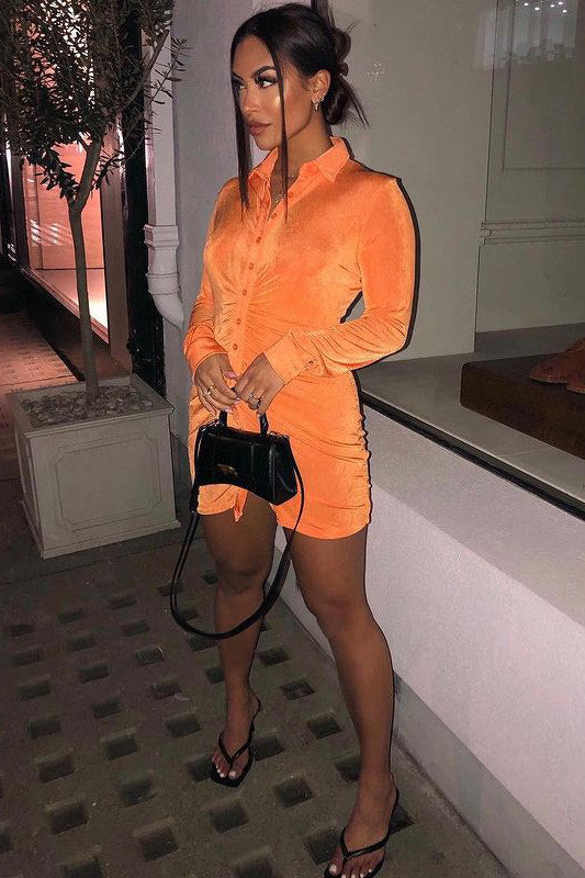 Ruched Slinky Button-Up Shirt Dress for Women – Fitted Mini Dress for Parties, Evening Wear and Trendy Outfits