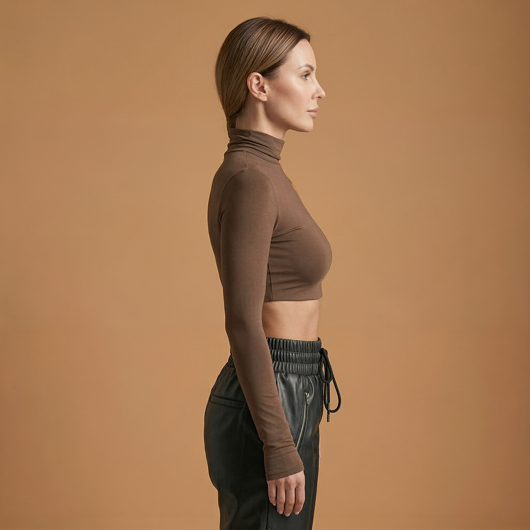 Chic High Neck Long Sleeve Women's Crop Top in Stretch Ribbed Fabric 2