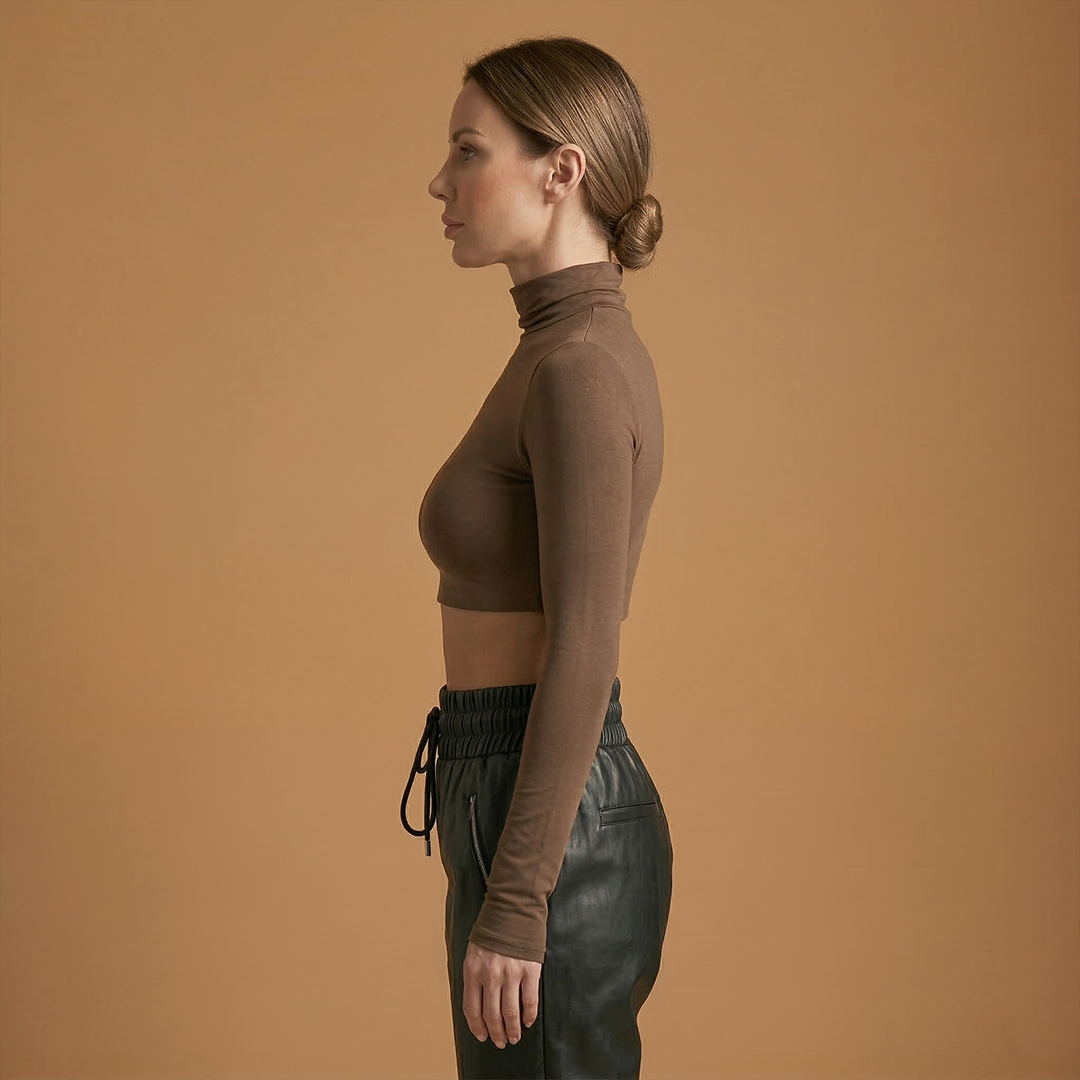Chic High Neck Long Sleeve Women's Crop Top in Stretch Ribbed Fabric 3