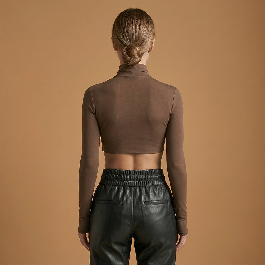 Chic High Neck Long Sleeve Women's Crop Top in Stretch Ribbed Fabric 4
