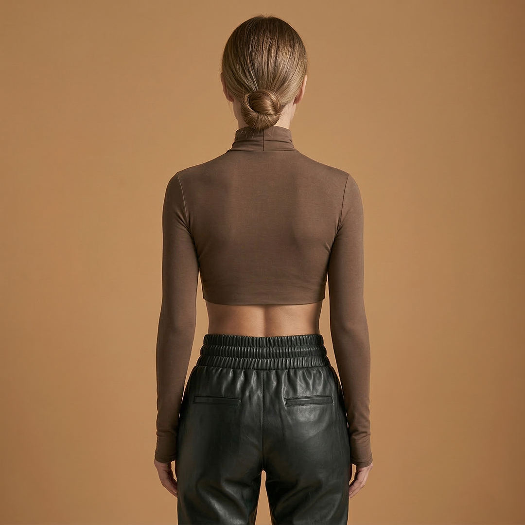 Chic High Neck Long Sleeve Women's Crop Top in Stretch Ribbed Fabric 4