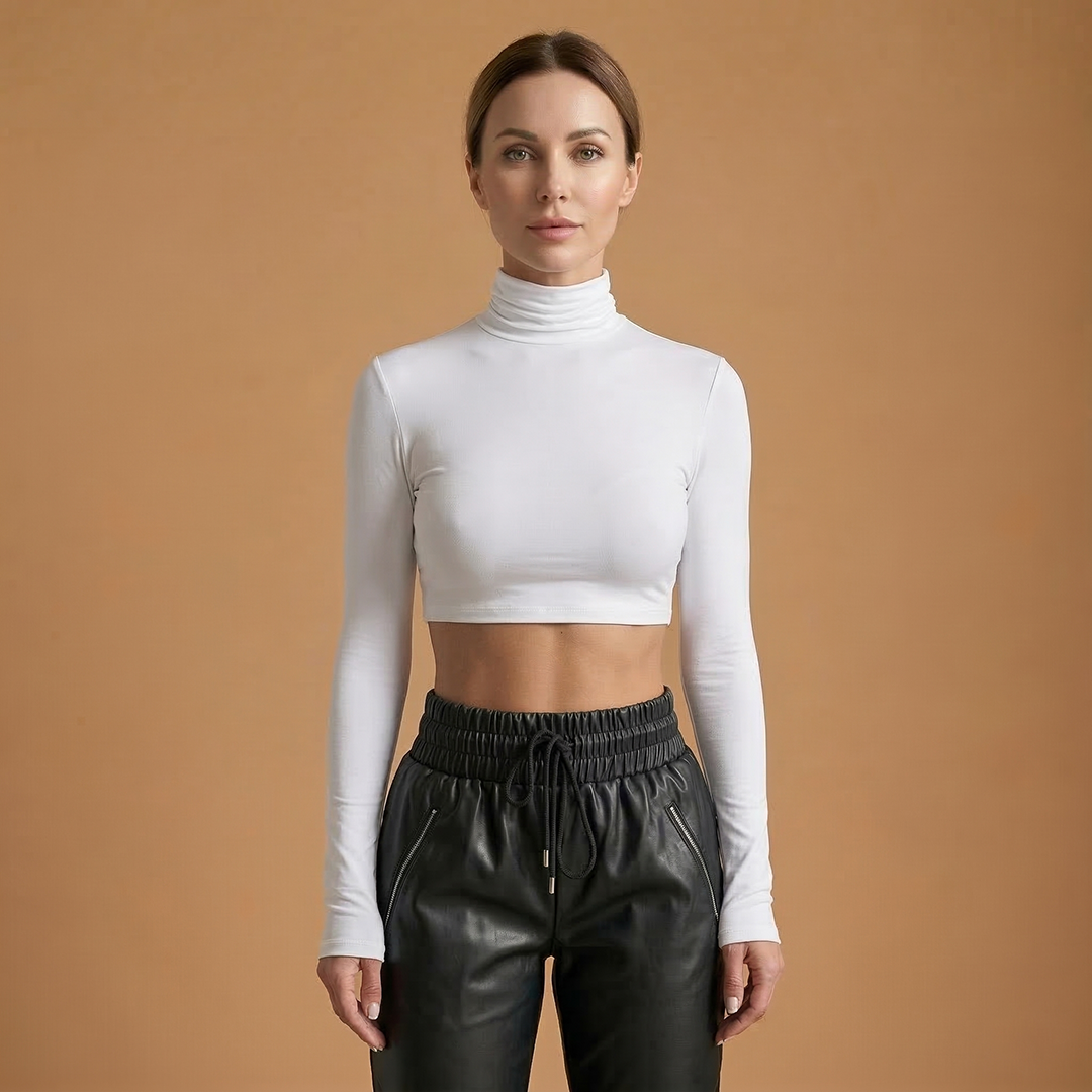 Chic High Neck Long Sleeve Women's Crop Top in Stretch Ribbed Fabric 6