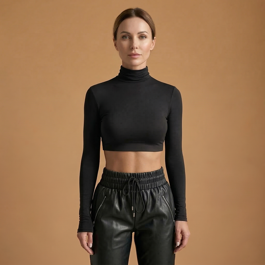 Chic High Neck Long Sleeve Women's Crop Top in Stretch Ribbed Fabric 7