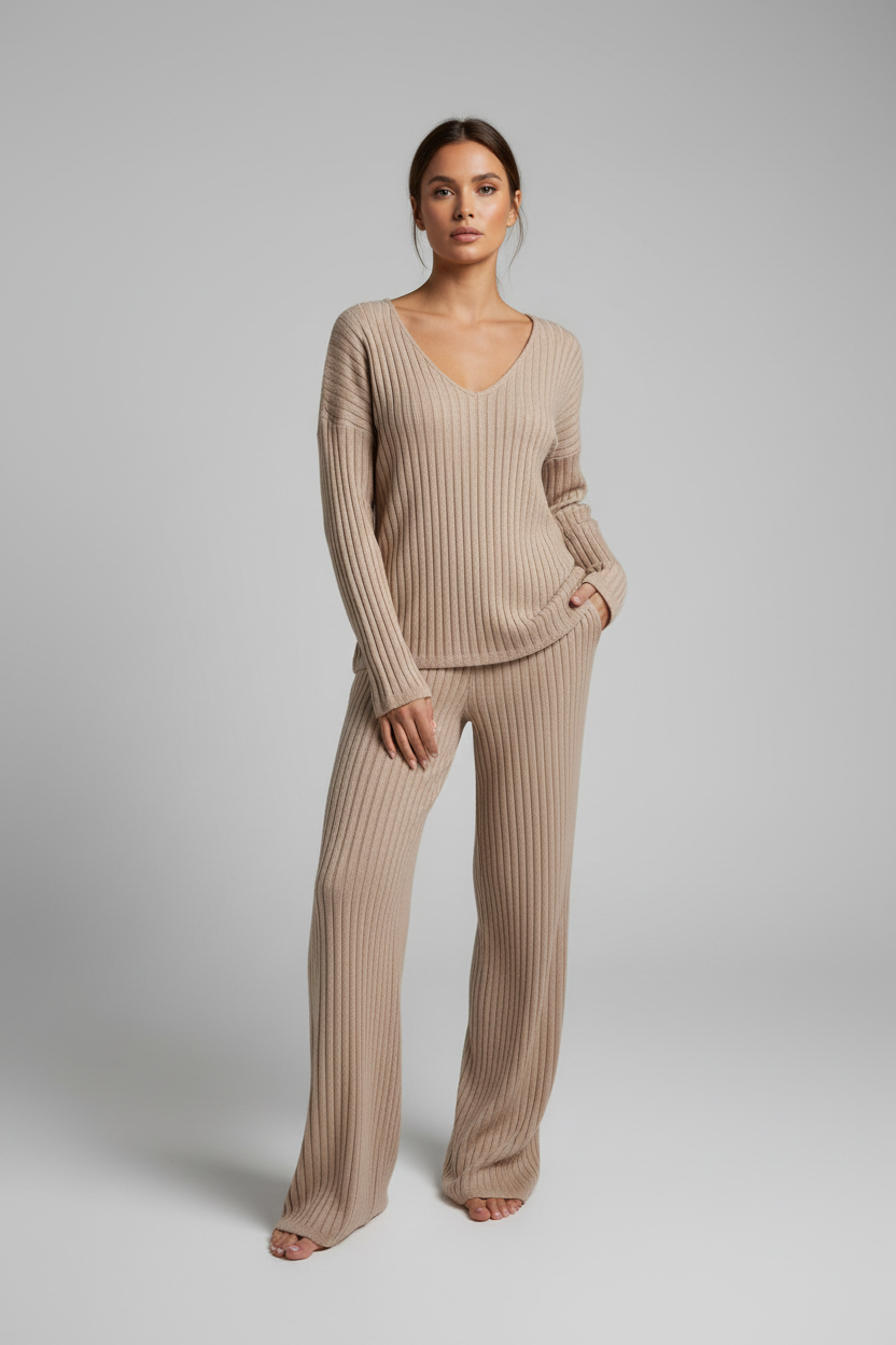 Ribbed Lounge Set for Women with V-Neck - Elena