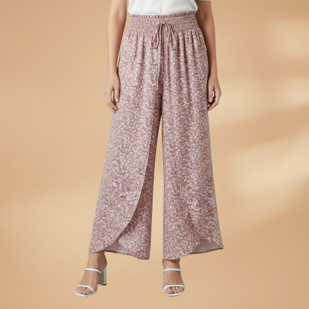 Patterned Women's Wide Leg Pants with Elastic Waist for Casual and Semi-Formal Wear 0