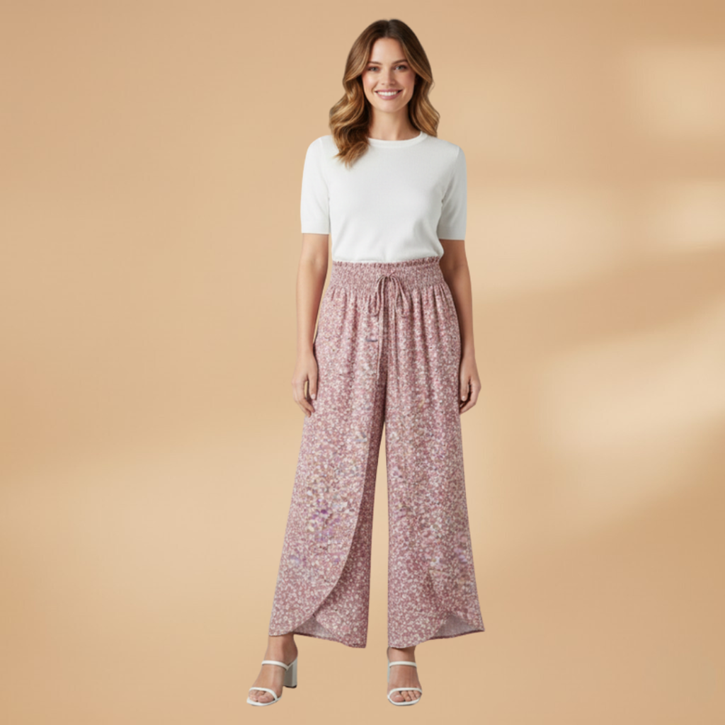 Patterned Women's Wide Leg Pants with Elastic Waist for Casual and Semi-Formal Wear 2