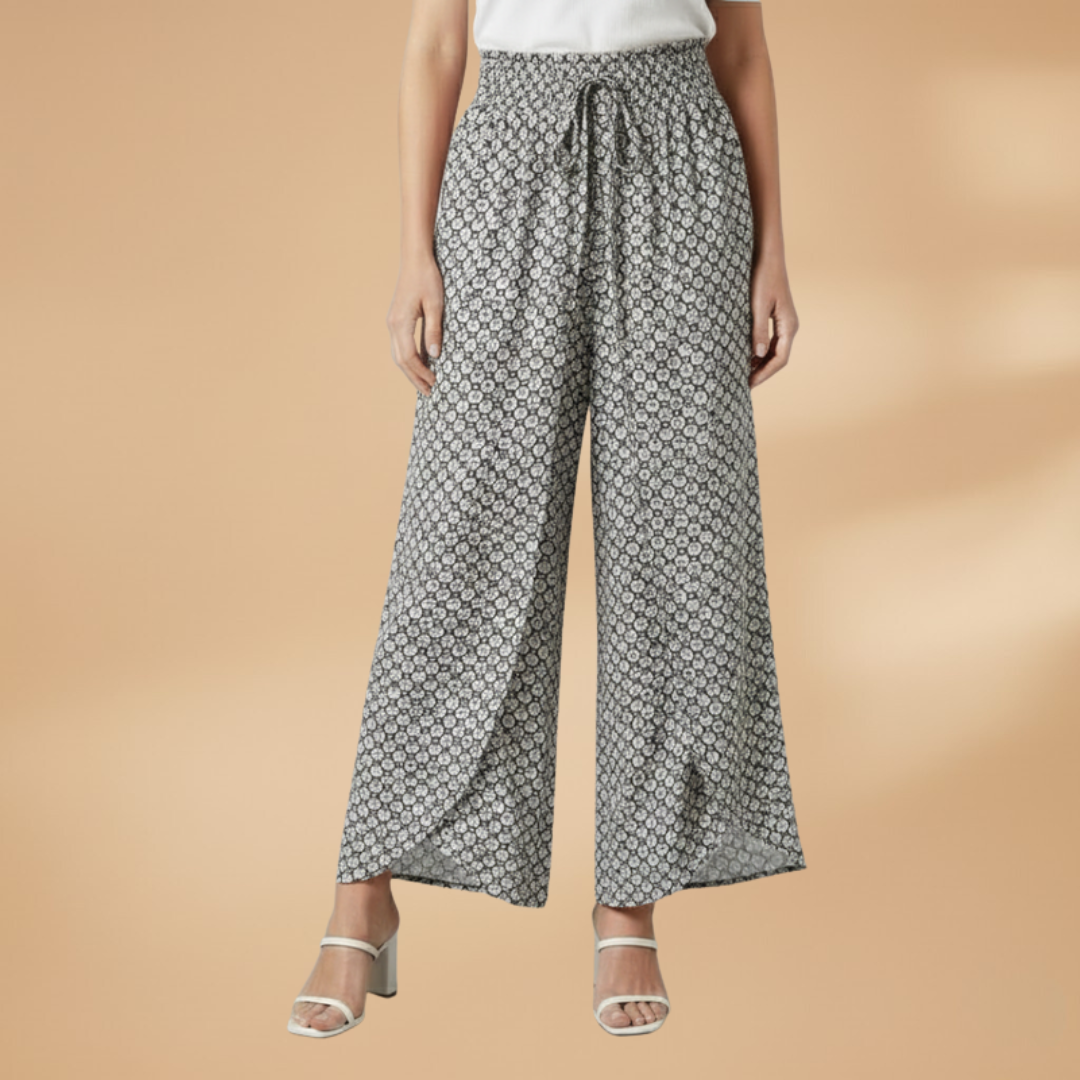 Patterned Women's Wide Leg Pants with Elastic Waist for Casual and Semi-Formal Wear 7