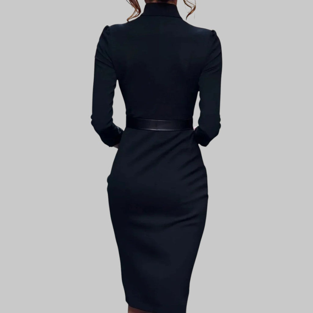 Refined Long Sleeve Midi Dress with Collar & Belt