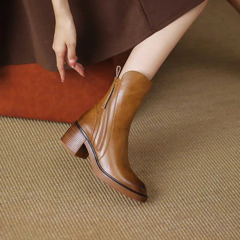 Women’s Zip-Up Ankle Boots with Block Heel and Side Zipper Detail