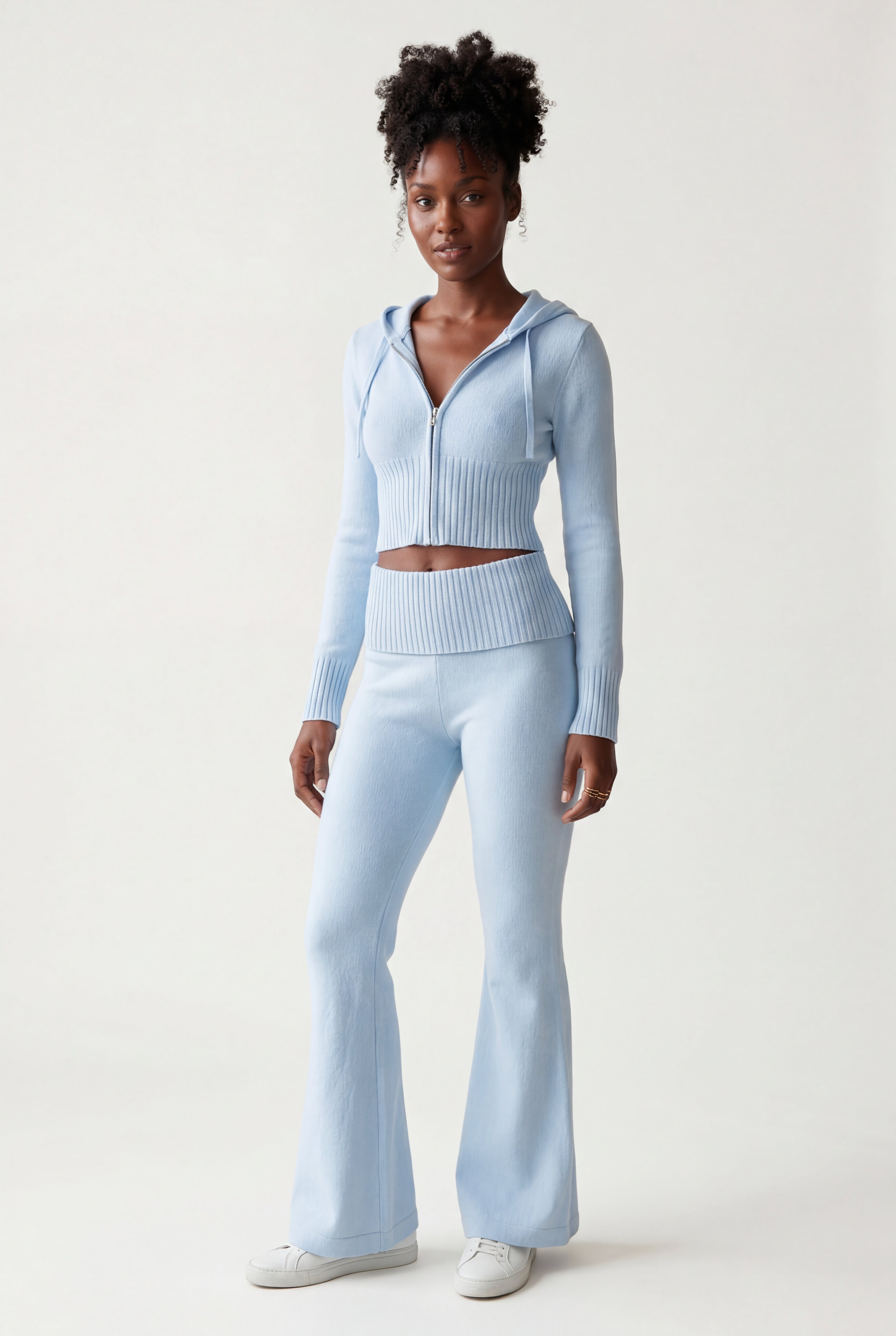 Lia | Ribbed Cropped Hoodie and Flared Pants Lounge Set