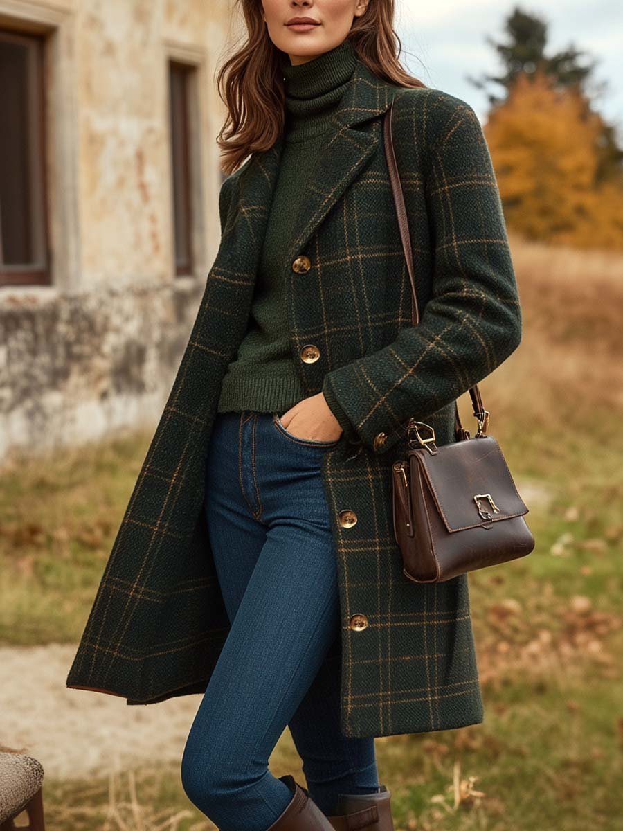 Lia | Women's Wool Coat – Long Elegant Plaid Coat with Fitted Cut & Light Warmth