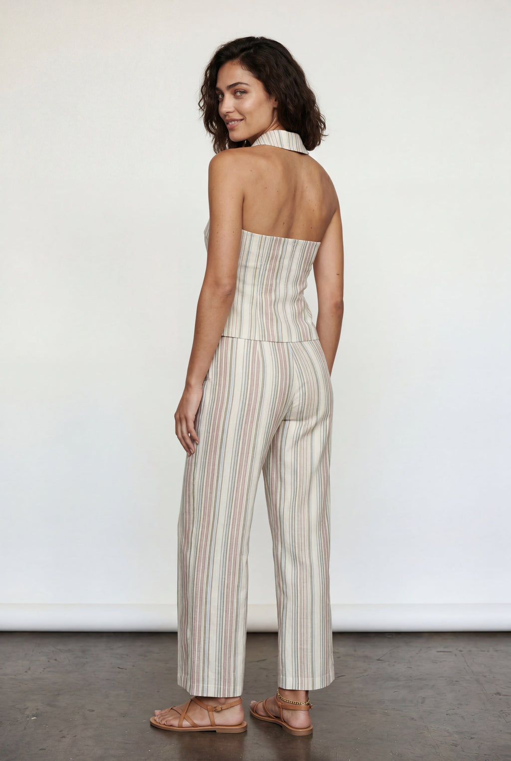 Striped Halter Neck Two Piece Set with Wide Leg Pants | Elcevi