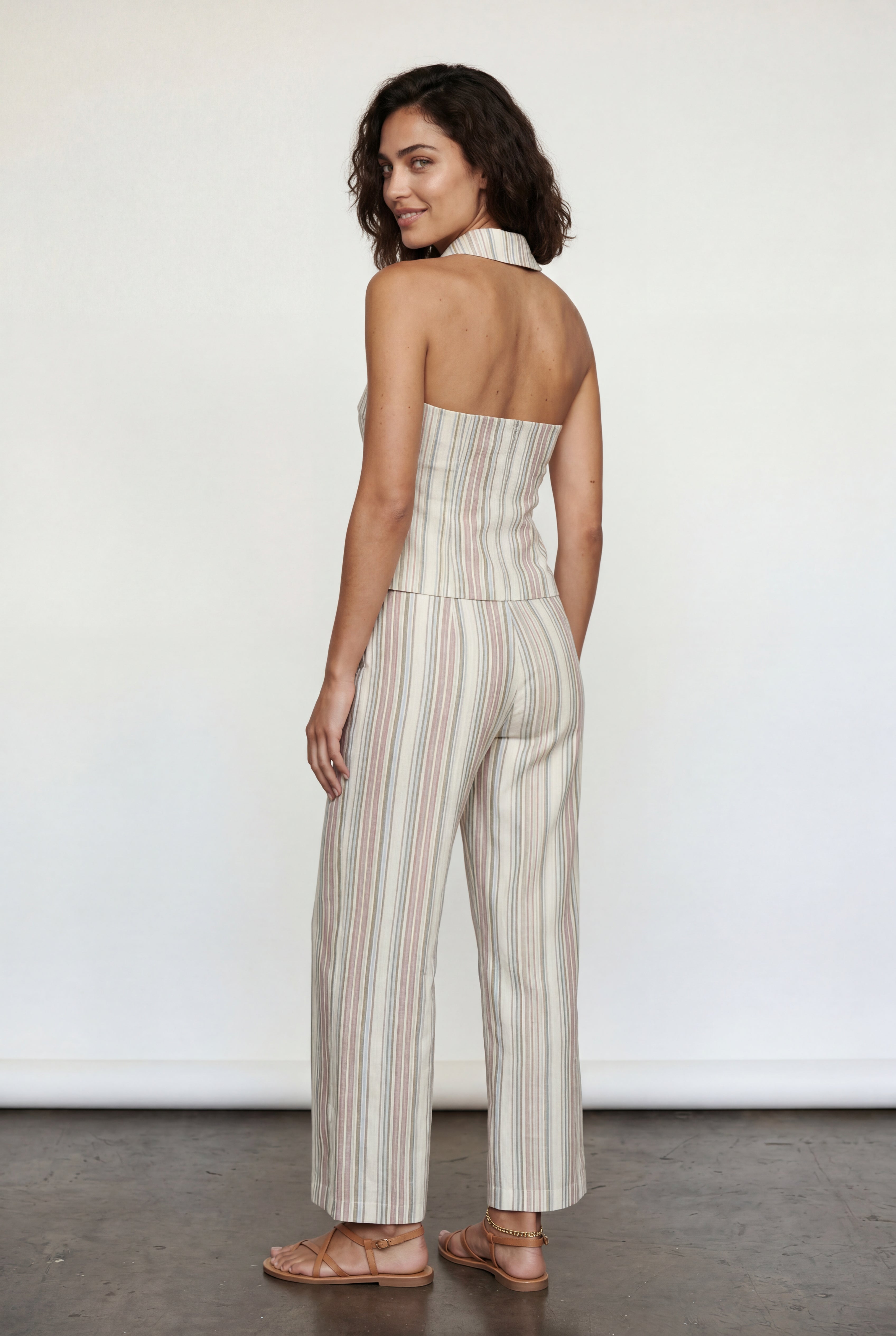 Striped Halter Neck Two Piece Set with Wide Leg Pants | Elcevi