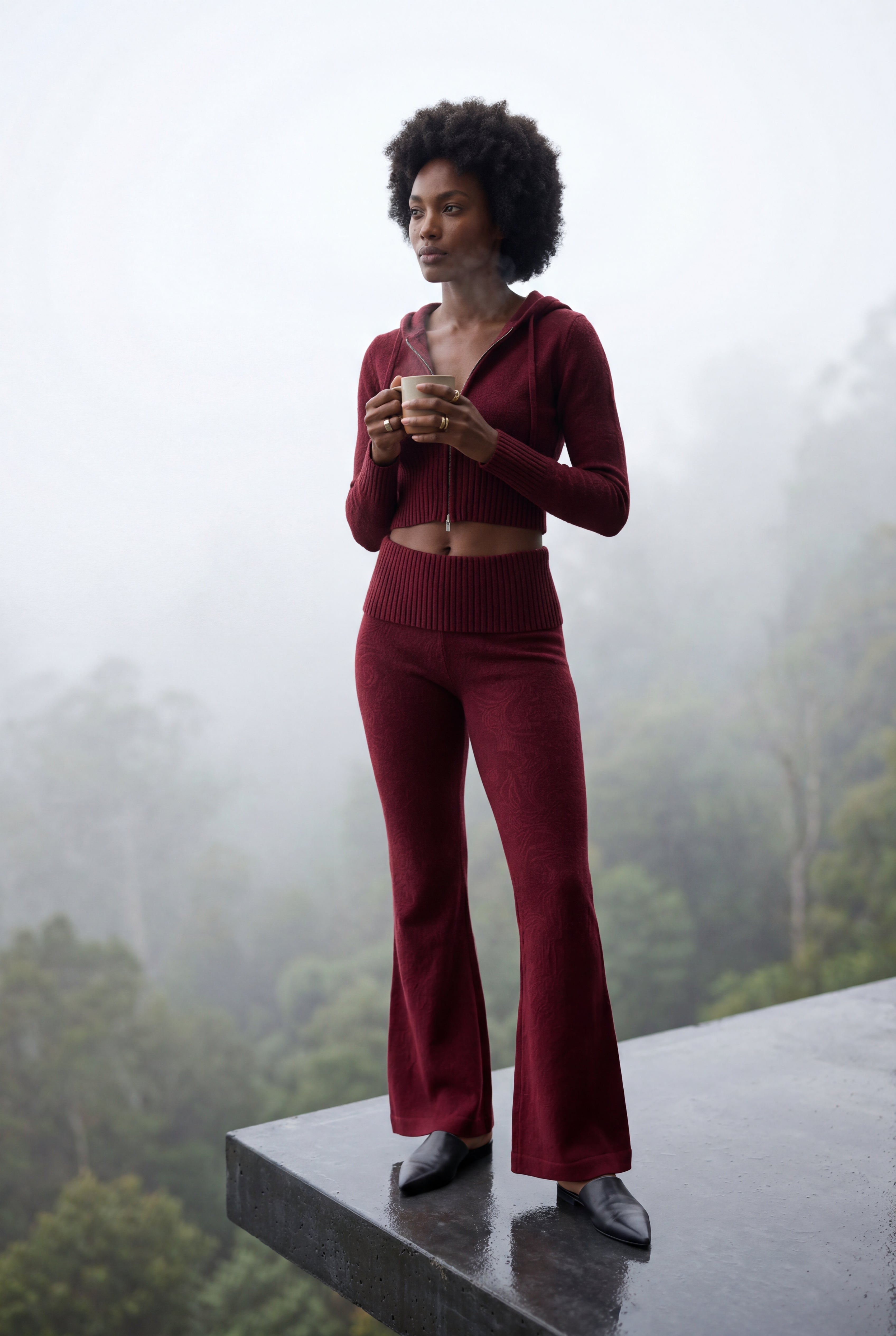 Lia | Ribbed Cropped Hoodie and Flared Pants Lounge Set
