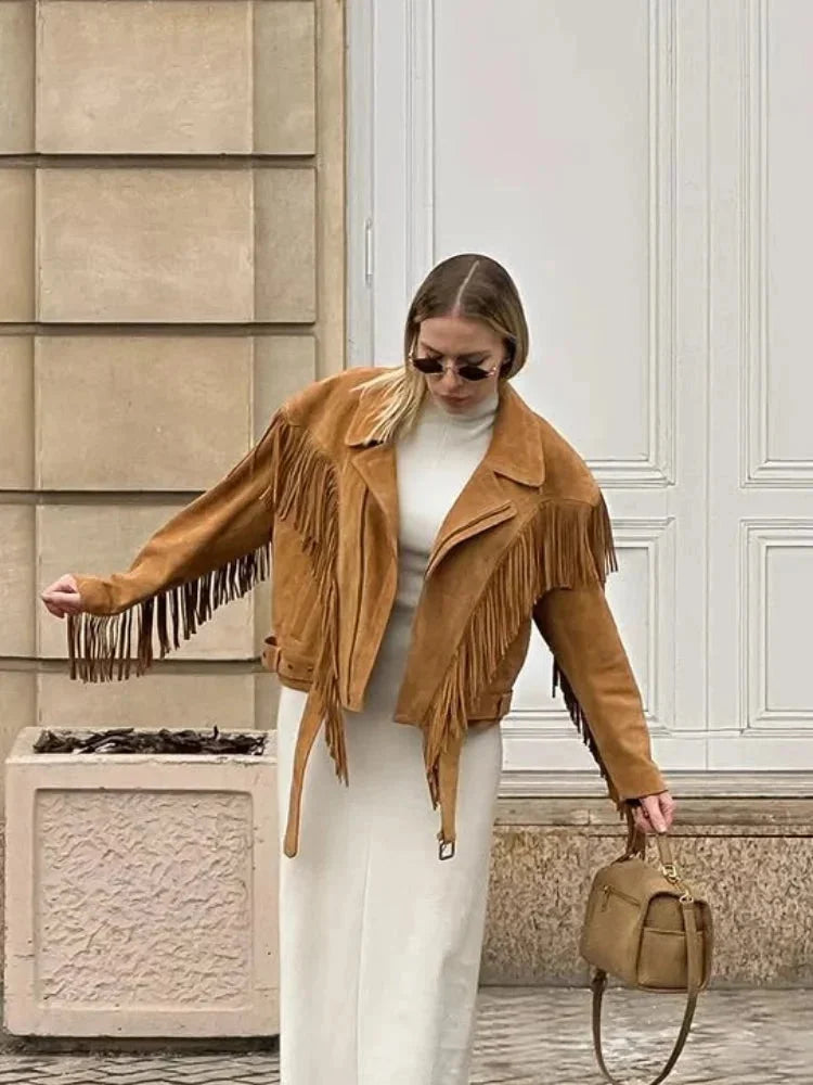 Lia - Women's brown suede fringed jacket