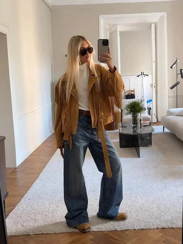 Lia - Women's brown suede fringed jacket