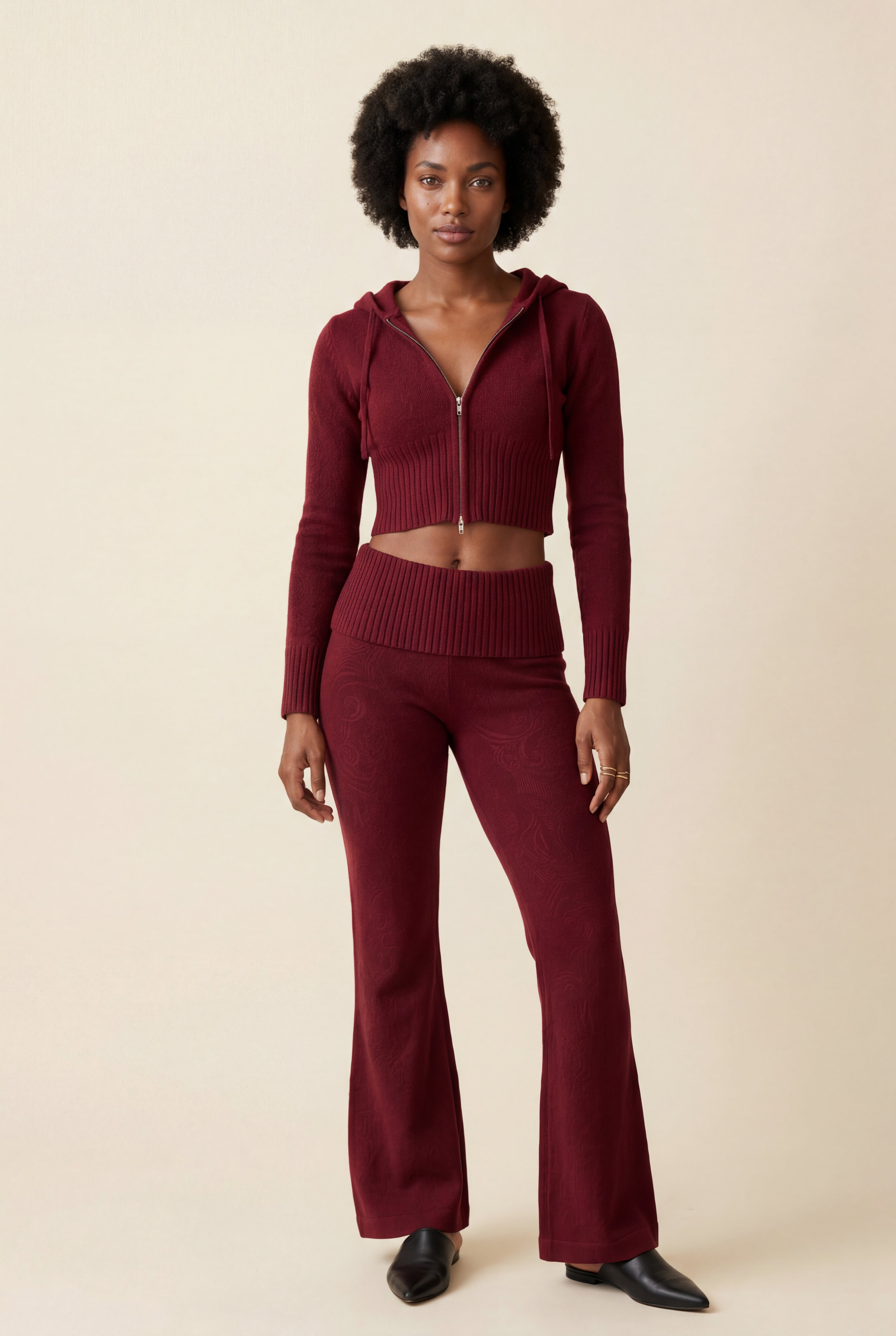 Lia | Ribbed Cropped Hoodie and Flared Pants Lounge Set